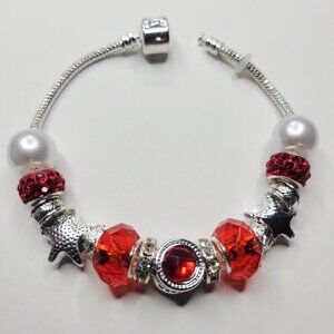 NWT Pandora Style Charm Bracelet Be My Valentine Red Silver Stars Rhinestones